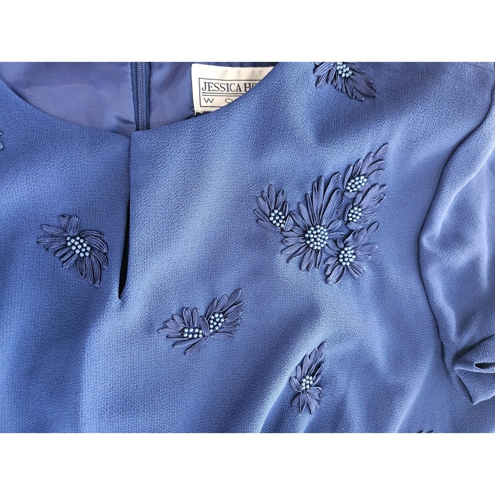 Jessica Howard Gown 20 Blue Floral Beaded Embroidered Crepe Cruise Event Evening - Picture 13 of 13